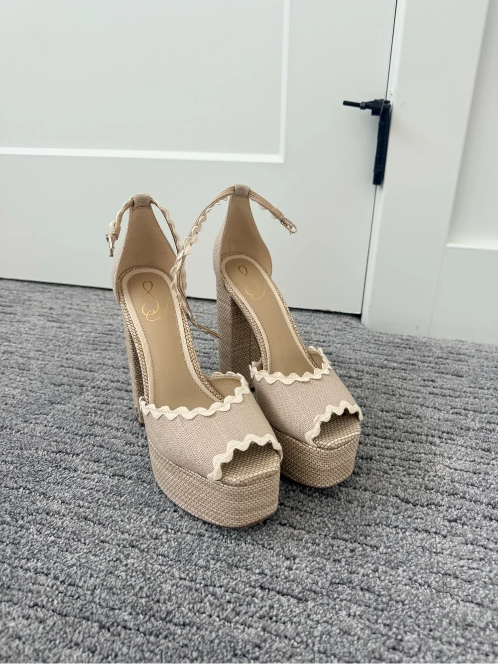 Sam Edelman Beige Cream Platform Peep-Toe Ankle-Strap Heels
